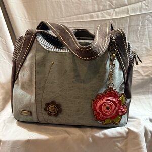 Chala Grey/Blue Brown Bowling Bag Stylish Handbag Purse w/Rose Charm Pre-owned
